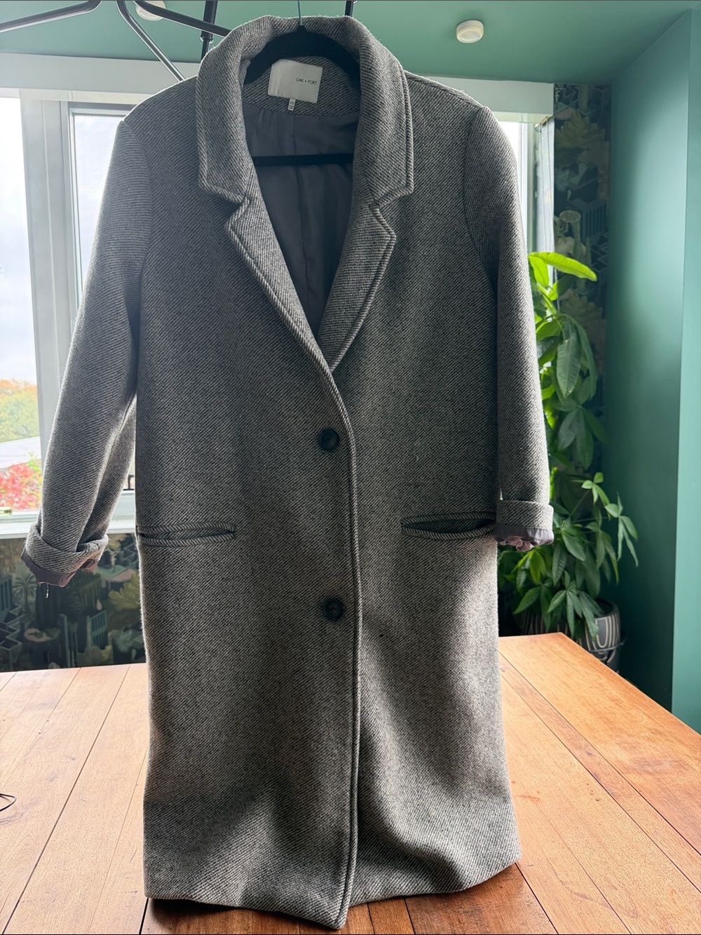 OAK + FORT Gray Herringbone Long Trench Coat